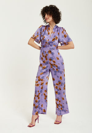 Liquorish Purple Floral Wide Leg Jumpsuit With Angel Sleeves