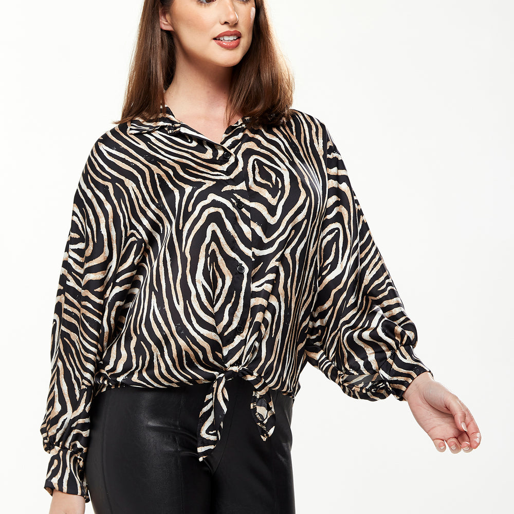 
                  
                    Divine Grace Blouse with Front Waist Tie in Zebra Print
                  
                