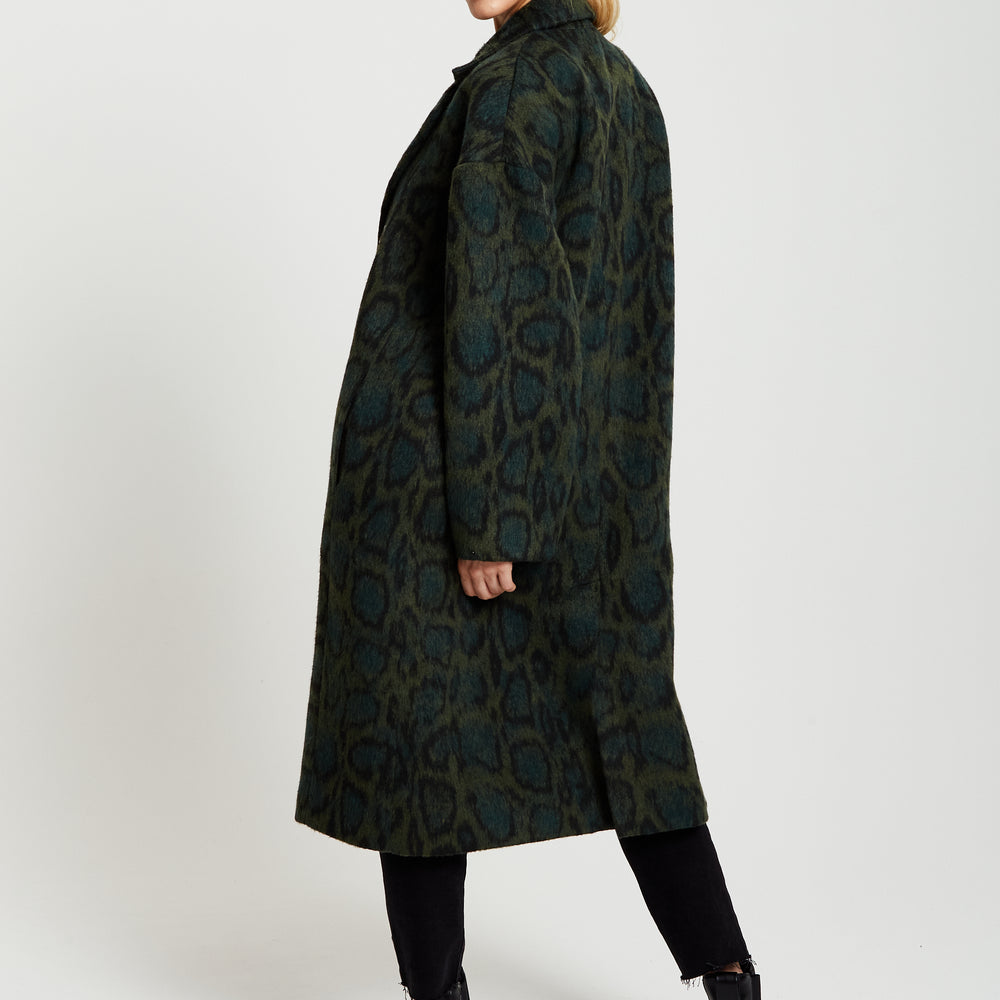 
                  
                    Liquorish Leopard Print Longline Coat In Khaki
                  
                