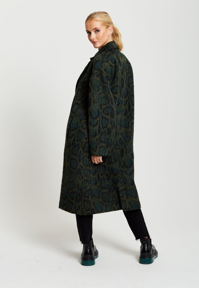Liquorish Leopard Print Longline Coat In Khaki