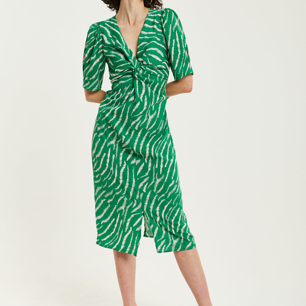 
                  
                    Liquorish Green Zebra Print Knot Front Midi Dress With Short Sleeves
                  
                