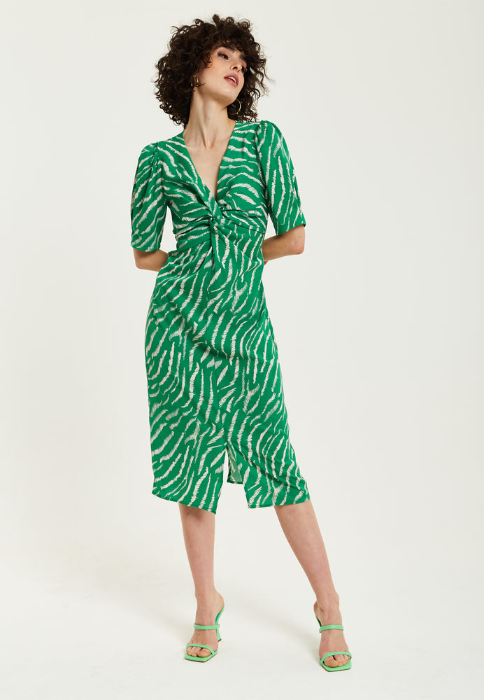 Liquorish Green Zebra Print Knot Front Midi Dress With Short Sleeves
