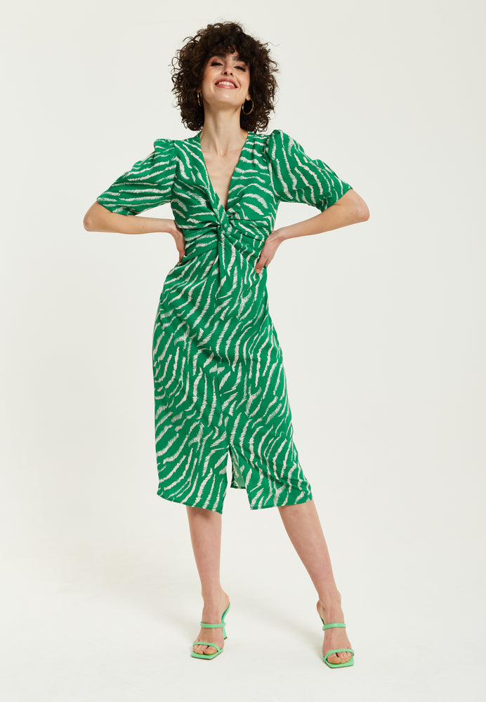 Liquorish Green Zebra Print Knot Front Midi Dress With Short Sleeves