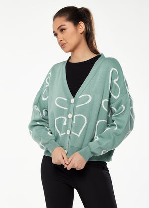 Liquorish All Heart Cardigan In Green & White