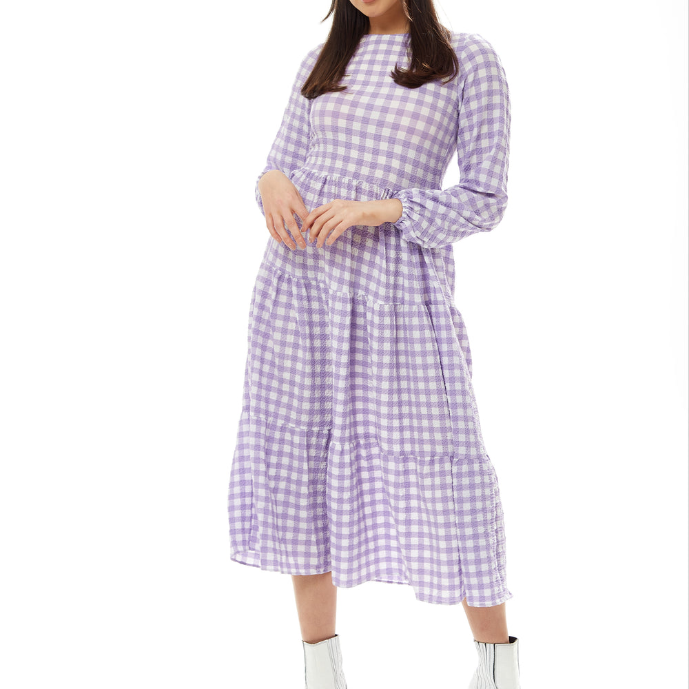 
                  
                    Liquorish Gingham Midi Dress in Lilac and White with Long Sleeves
                  
                