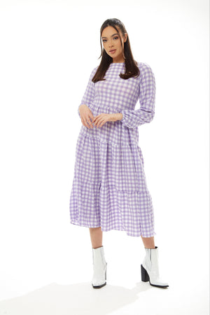 Liquorish Gingham Midi Dress in Lilac and White with Long Sleeves