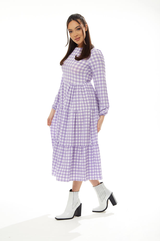 Liquorish Gingham Midi Dress in Lilac and White with Long Sleeves