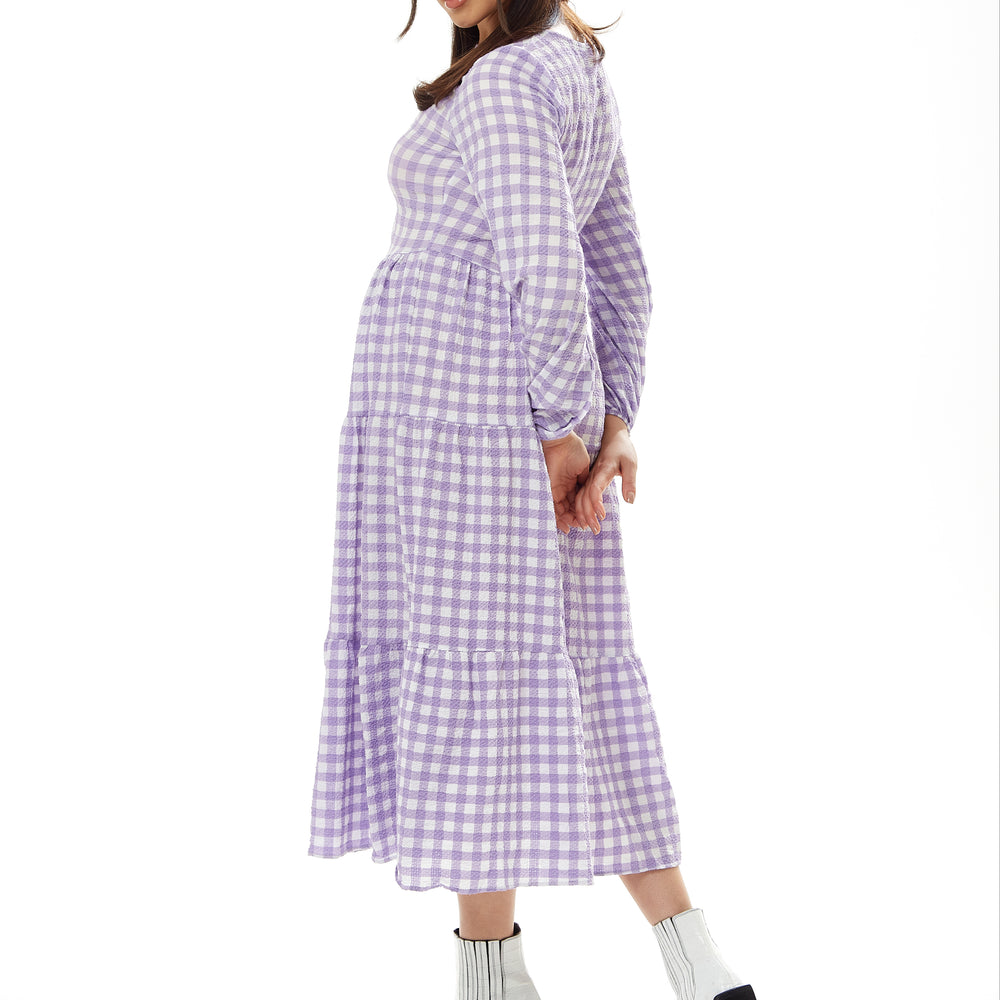 Women's Midi Dress in Lilac and White Gingham with Long Sleeves - Perf Liquorish Online Women's Midi Dress in Lilac and White Gingham with Long Sleeves - Perf Liquorish Online