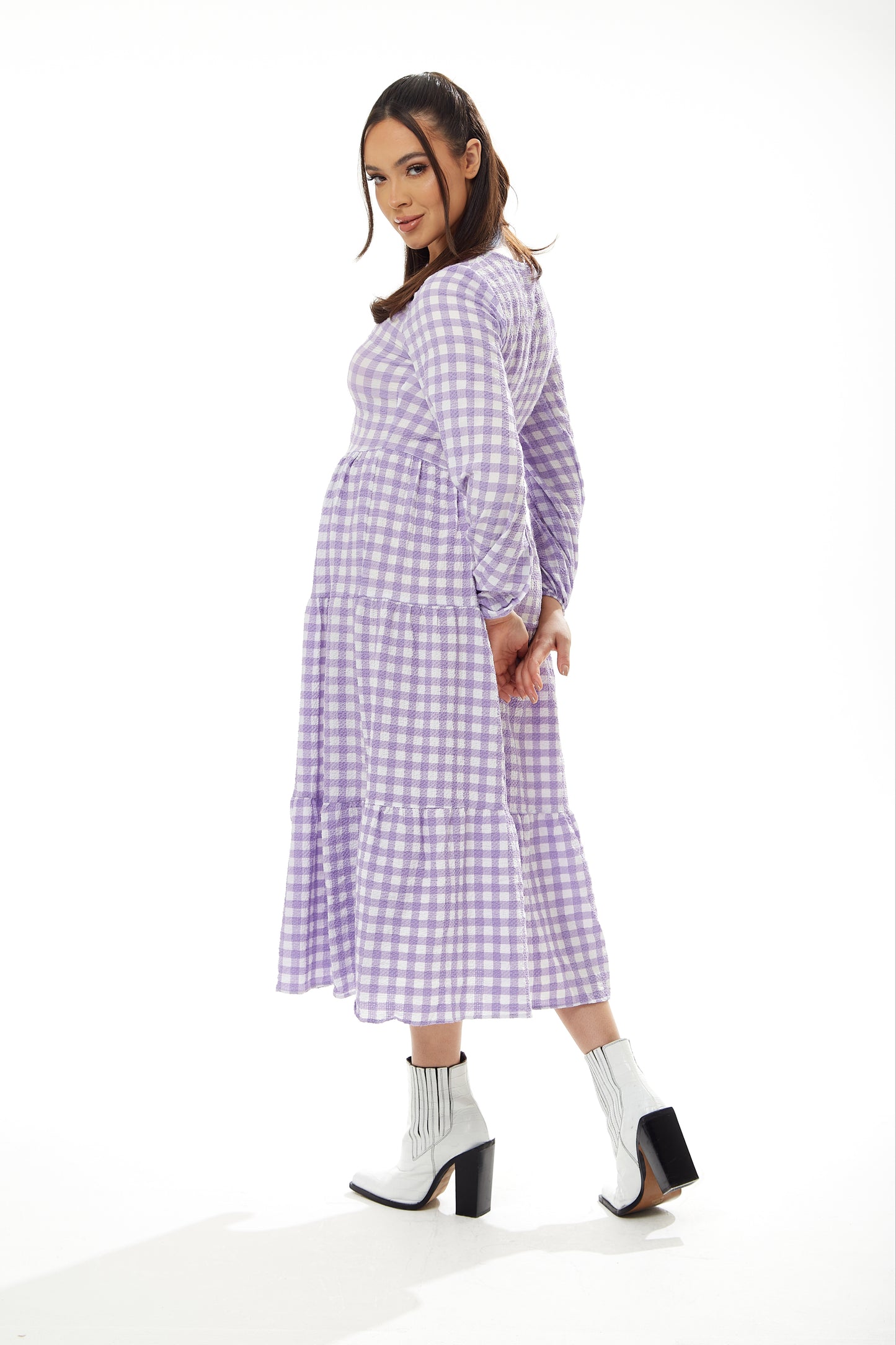 
                  
                    Liquorish Gingham Midi Dress in Lilac and White with Long Sleeves
                  
                