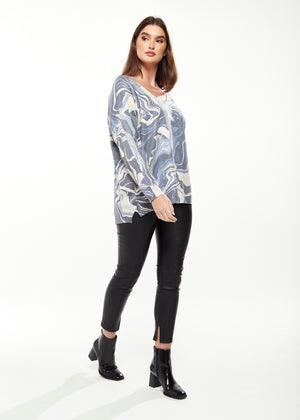 Divine Grace Marble Print Top V-neck with Full Length Sleeves in Blue