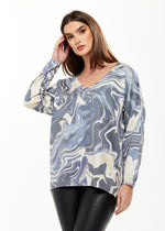 Divine Grace Marble Print Top V-neck with Full Length Sleeves in Blue