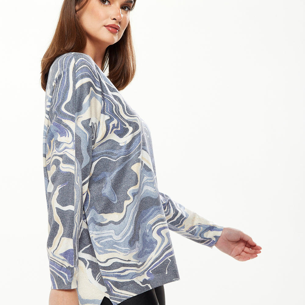 
                  
                    Divine Grace Marble Print Top V-neck with Full Length Sleeves in Blue
                  
                