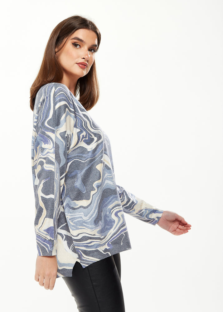 Divine Grace Marble Print Top V-neck with Full Length Sleeves in Blue