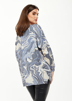 Divine Grace Marble Print Top V-neck with Full Length Sleeves in Blue