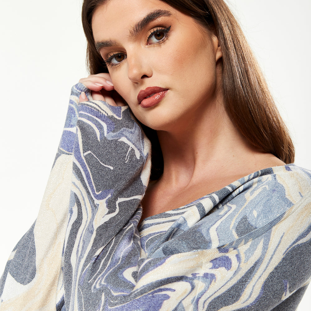 
                  
                    Divine Grace Marble Print Top V-neck with Full Length Sleeves in Blue
                  
                