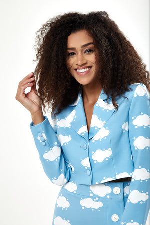 Liquorish Cloud Print Crop Blazer in Blue