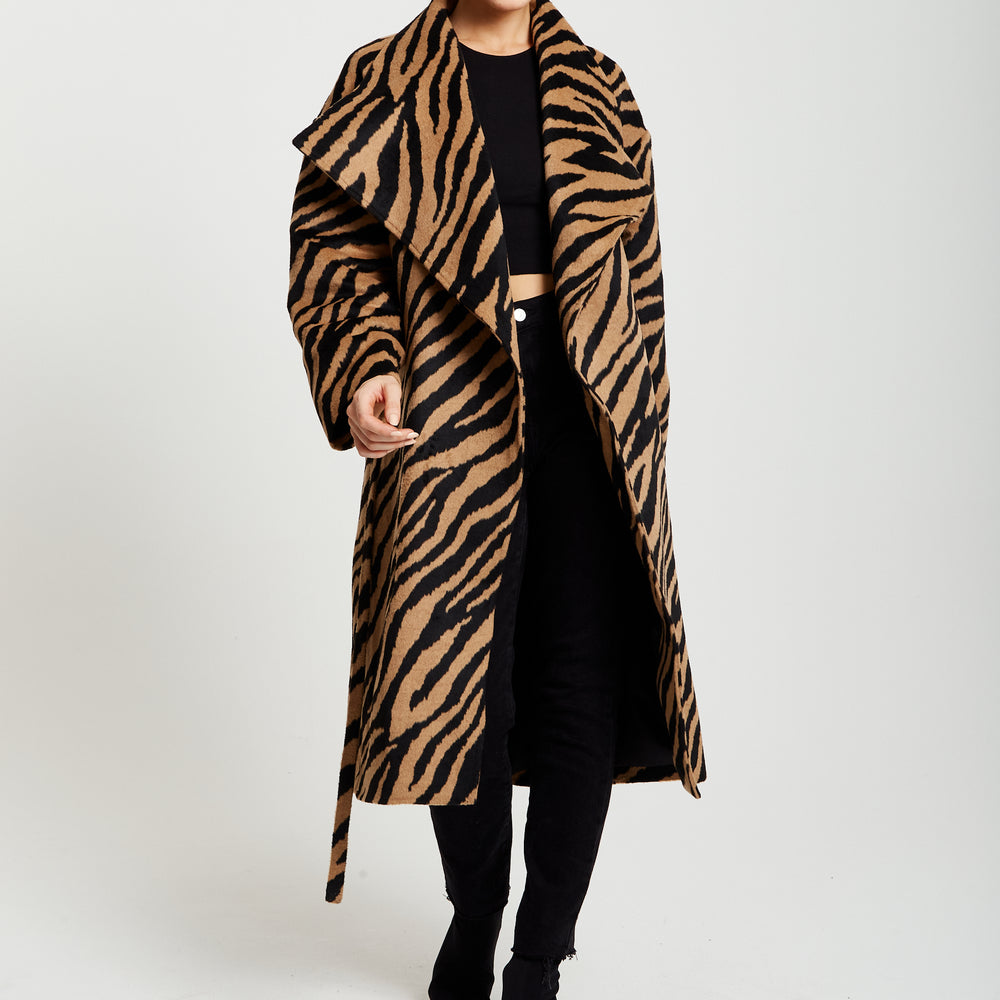
                  
                    Liquorish Zebra Print Longline Coat In Brown And Black
                  
                