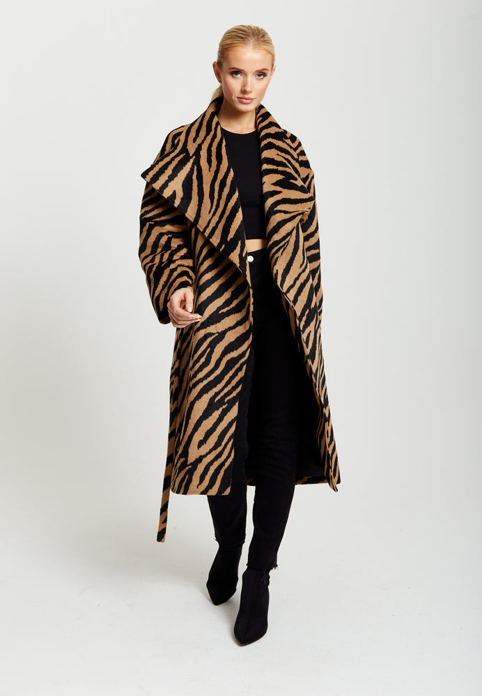 Liquorish Zebra Print Longline Coat In Brown And Black