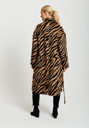 Liquorish Zebra Print Longline Coat In Brown And Black
