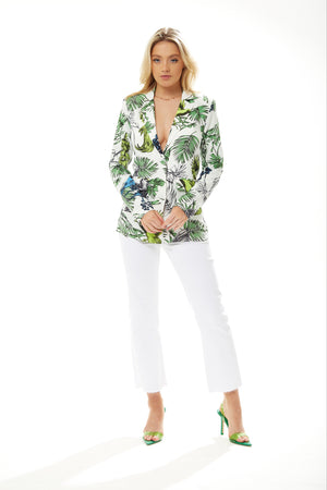 Liquorish Bird and Floral Print Blazer Jacket in white