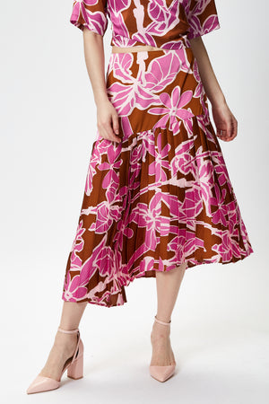Liquorish Purple Floral Midi Asymmetric Skirt with Pleat details