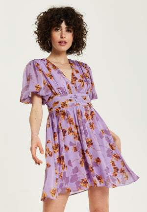 Liquorish Purple Floral V Neck mini Dress