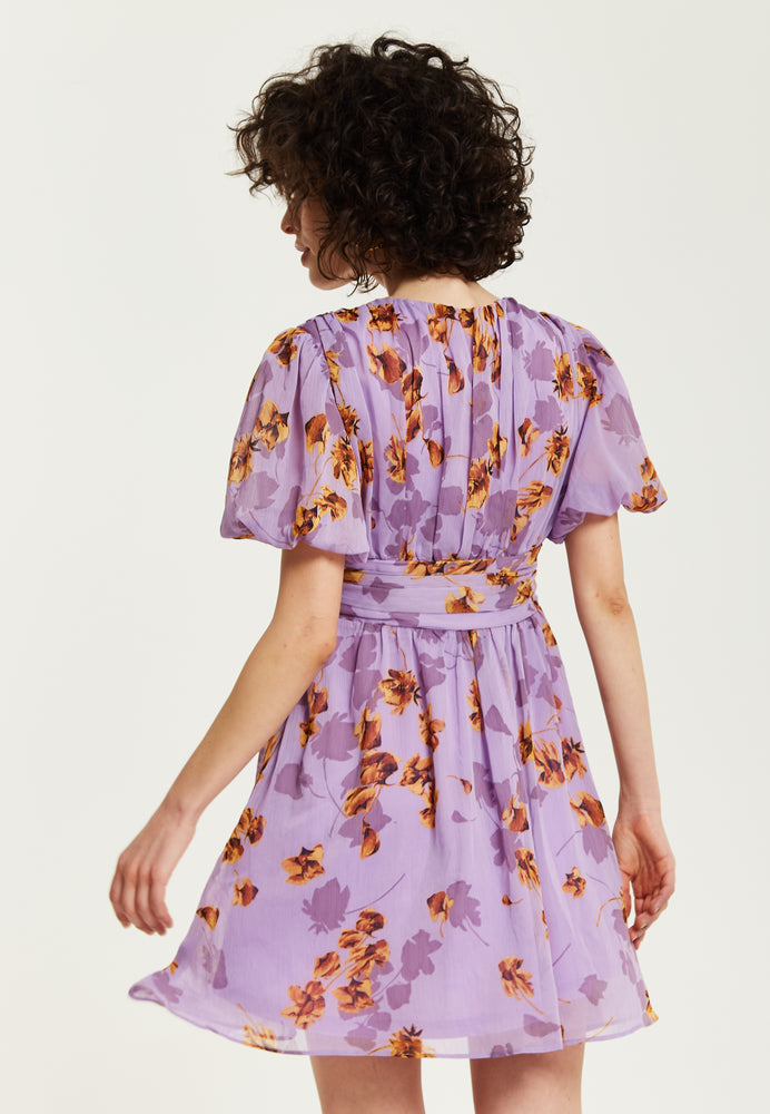 Liquorish Purple Floral V Neck mini Dress