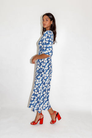 Navy Floral Midi Wrap Dress with Kimono Sleeves