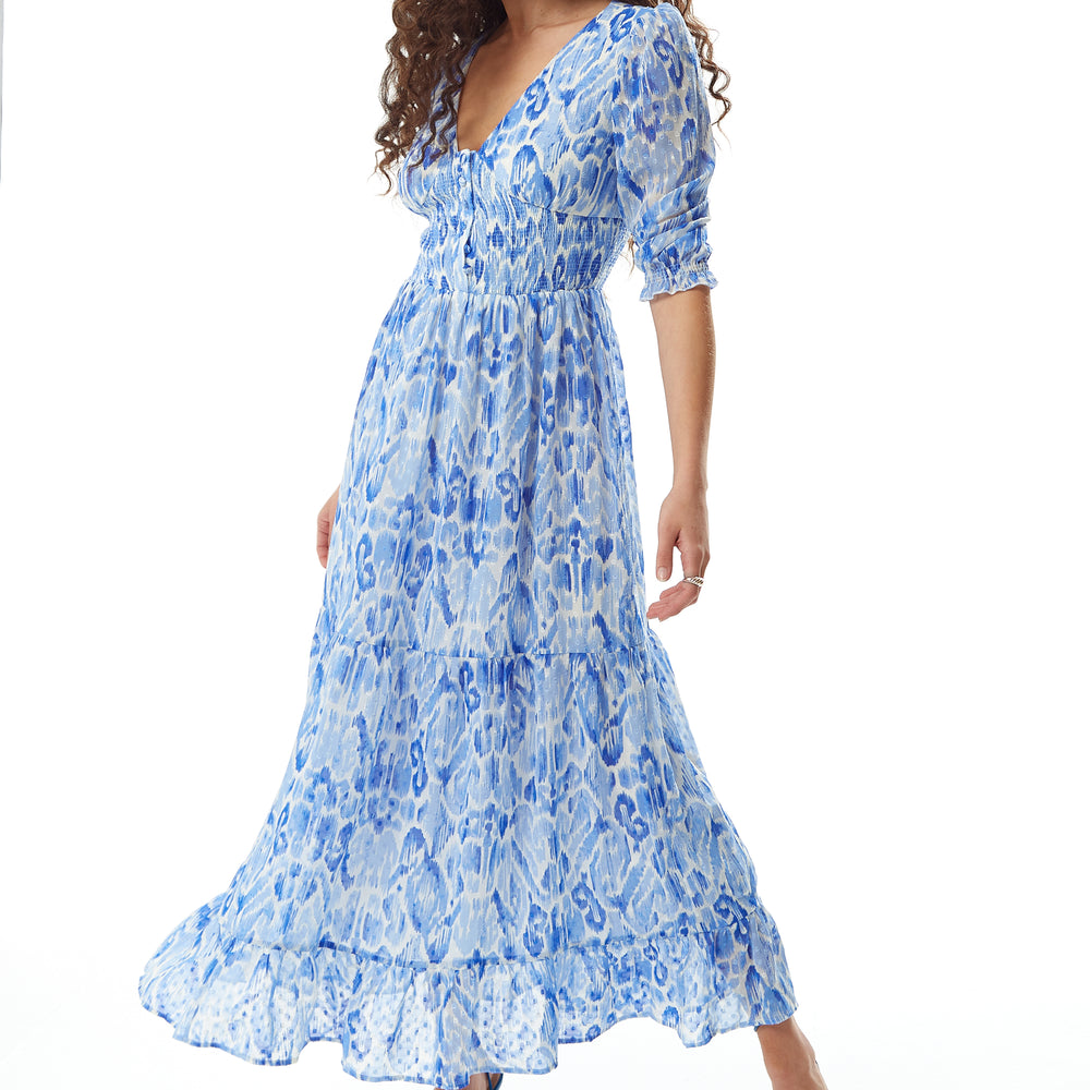
                  
                    Liquorish Abstract Print Maxi Chiffon Dress in Blue and White
                  
                