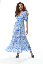 Liquorish Abstract Print Maxi Chiffon Dress in Blue and White