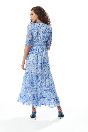 Liquorish Abstract Print Maxi Chiffon Dress in Blue and White