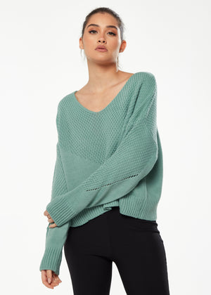 Liquorish Ribbed V-Neck Jumper in Green