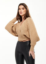 Divine Grace Ribbed Wrap Cardigan in Beige