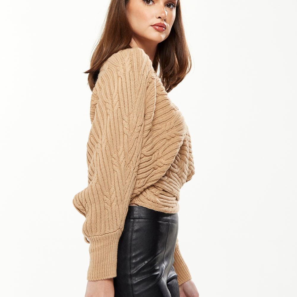 
                  
                    Divine Grace Ribbed Wrap Cardigan in Beige
                  
                