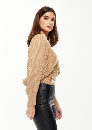 Divine Grace Ribbed Wrap Cardigan in Beige