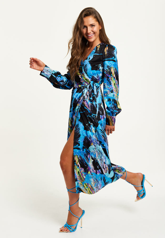 Liquorish Multicolour Abstract Print Midi Wrap Dress With Long Sleeves