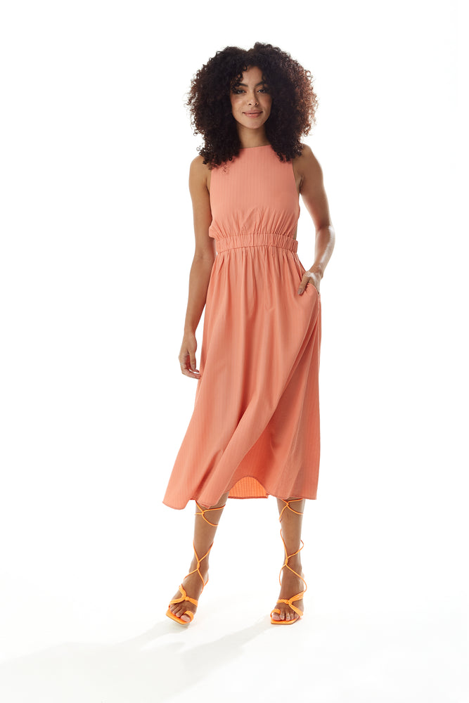 Liquorish Orange Midi Dress with Open Back and Elasticated Waist