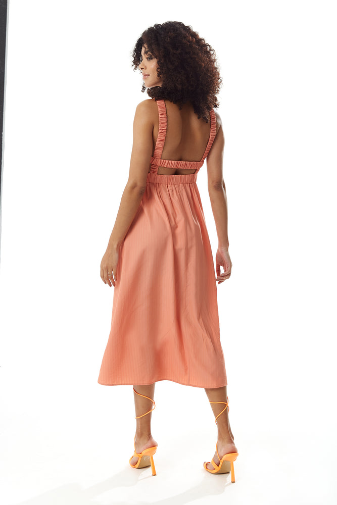Liquorish Orange Midi Dress with Open Back and Elasticated Waist