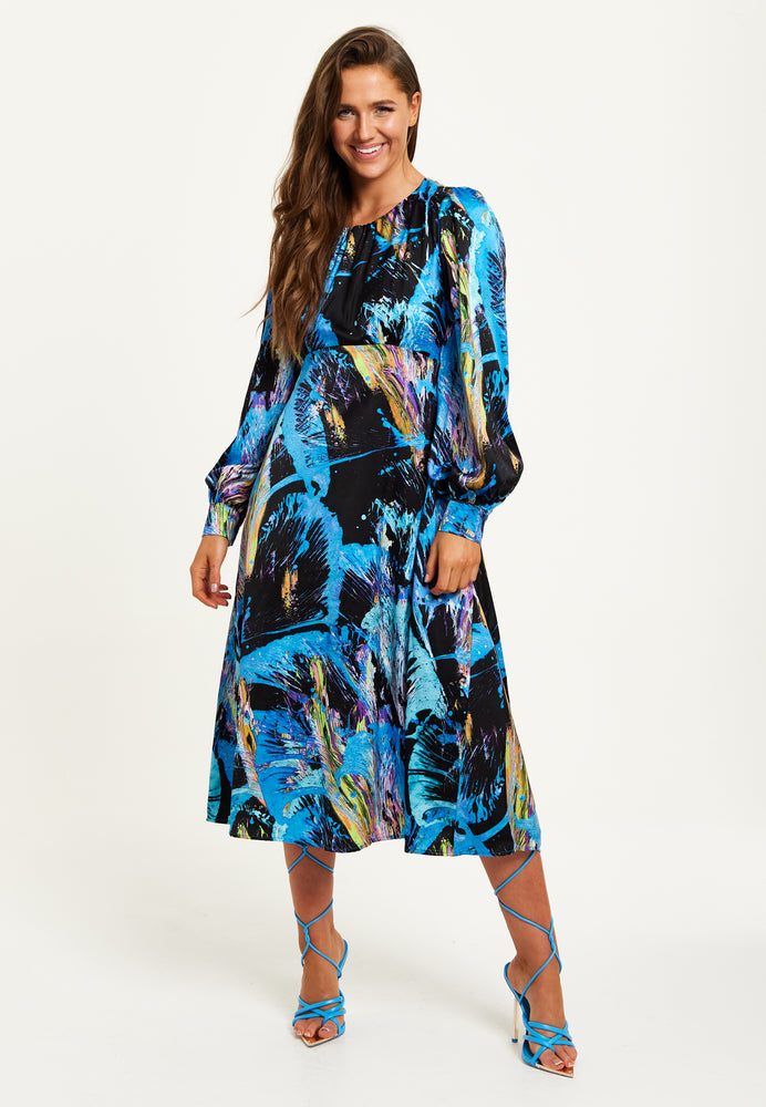 Liquorish Multicolour Abstract Print Midi Dress With Long Sleeves And Tie Waist