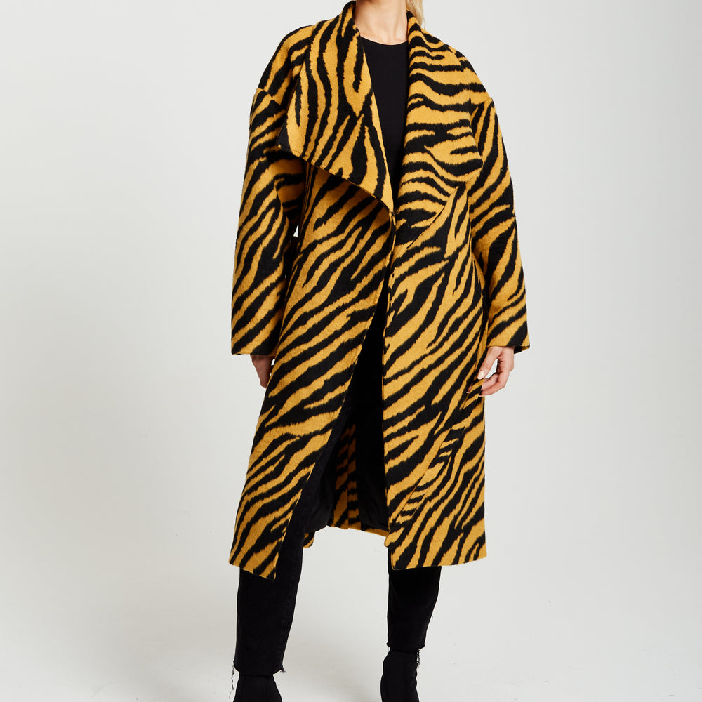 
                  
                    Liquorish Zebra Print Longline Coat In Mustard And Black
                  
                