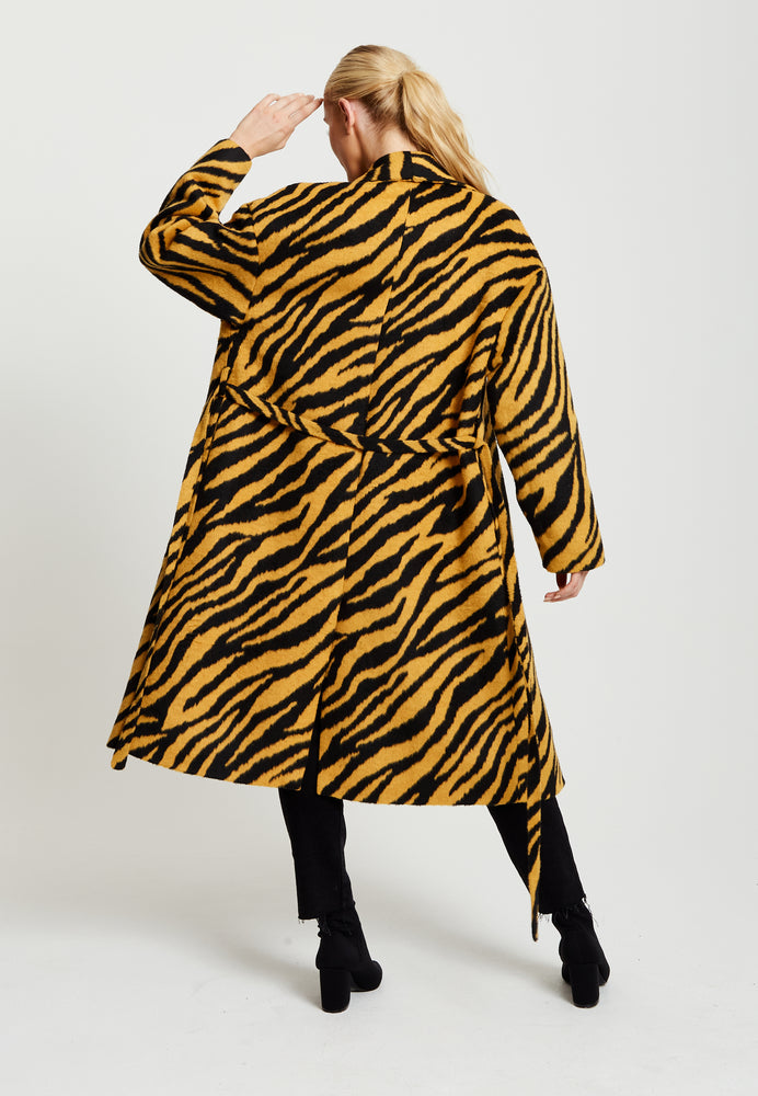 Liquorish Zebra Print Longline Coat In Mustard And Black