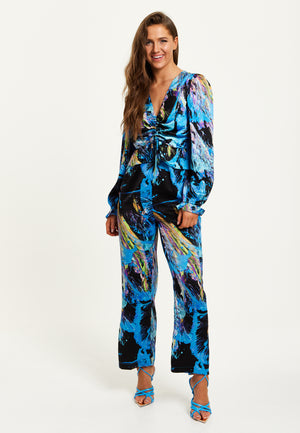 Liquorish Multicolour Abstract Print Jumpsuit With Ruched Front And Long Sleeves