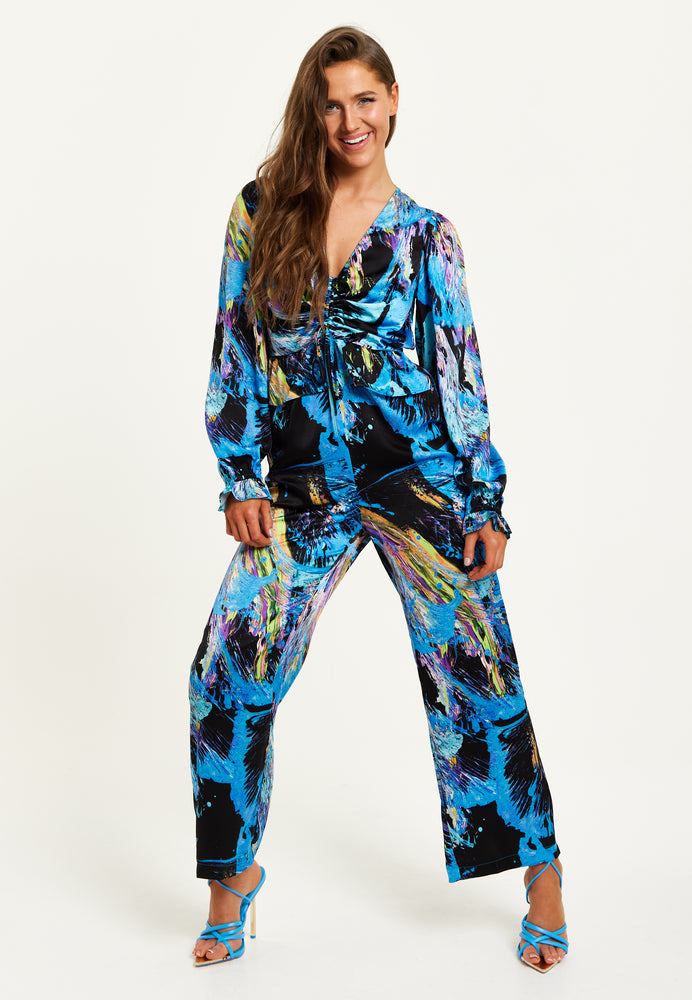 Liquorish Multicolour Abstract Print Jumpsuit With Ruched Front And Long Sleeves