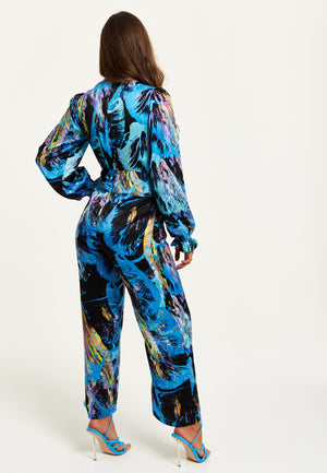 Liquorish Multicolour Abstract Print Jumpsuit With Ruched Front And Long Sleeves