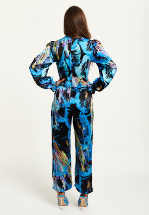 Liquorish Multicolour Abstract Print Jumpsuit With Ruched Front And Long Sleeves