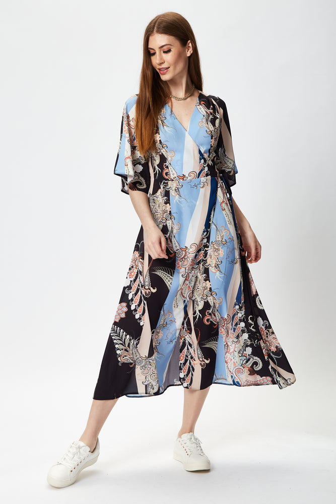Liquorish Floral Midi Wrap Dress with Short Sleeves