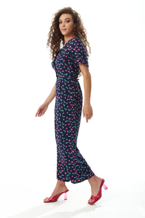 Liquorish Cherry Print Jumpsuit in Navy