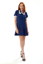 Liquorish Fitted Mini Dress in Navy with Lace Details on Collar and Sleeves