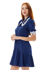 Liquorish Fitted Mini Dress in Navy with Lace Details on Collar and Sleeves