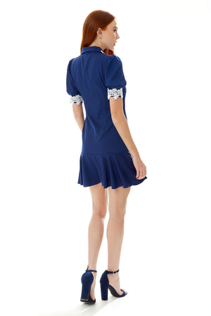 Liquorish Fitted Mini Dress in Navy with Lace Details on Collar and Sleeves